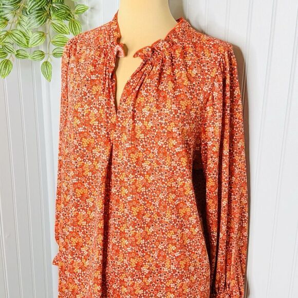 Max Studio Womens Plus Sz 1X Ruffle Neck Top Red White Floral Long Sleeve BOHO - Picture 3 of 15